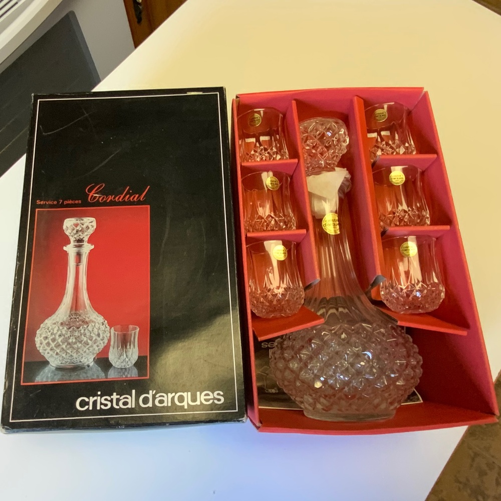 Cristal D’arques Longchamp Crystal Cordial Decanter & Liqueur Glasses- New!